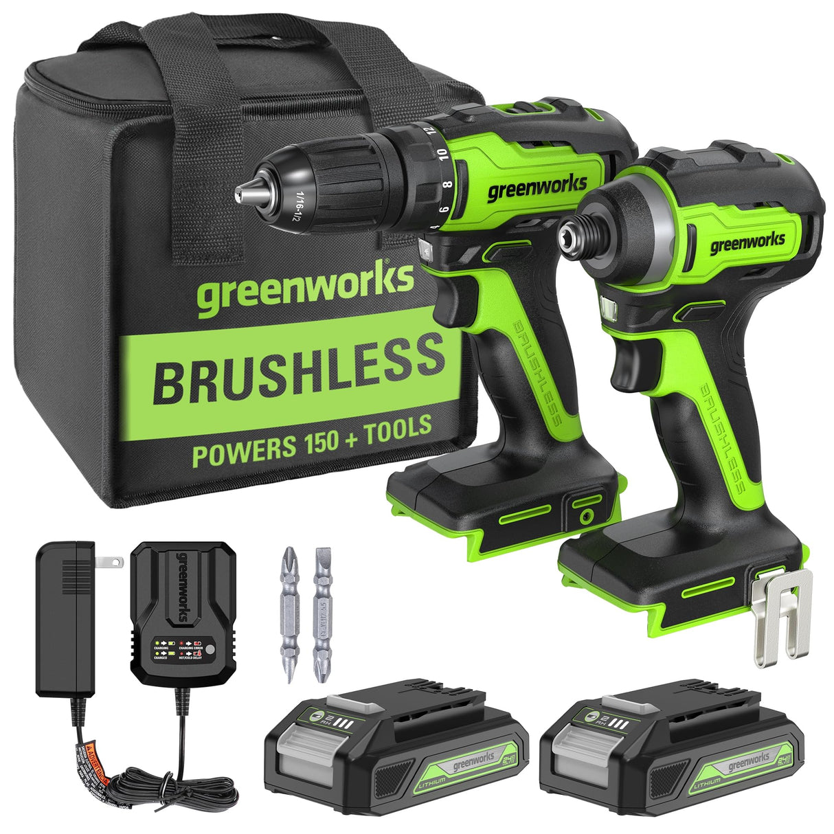 Greenworks 24V MAX Cordless Brushless Drill + Impact Combo Kit, (2) 2.0Ah Batteries, (1) Charger, and Bag Included Greenworks