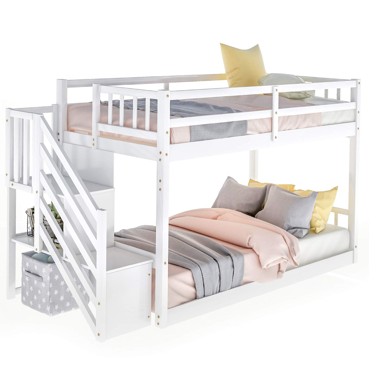 Low Bunk Beds Twin Over Twin with Stairs Solid Wood Bunk Bed Frame for Kids Boys Girls Teens, White Bellemave