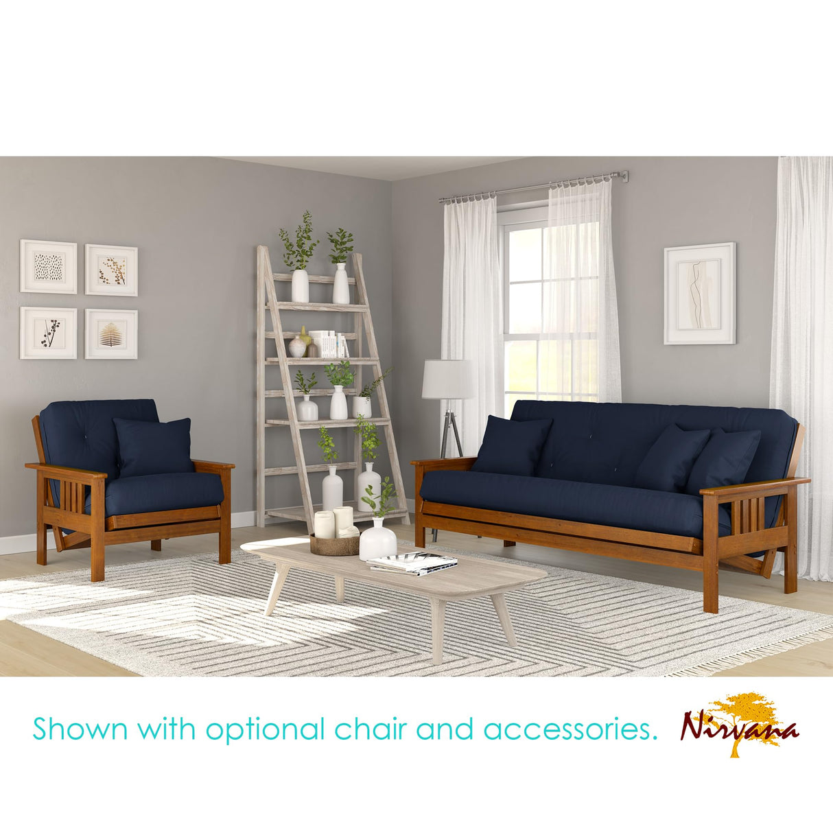 Nirvana Futons Stanford Futon Set - Queen Size Futon Frame with Mattress Included (8 Inch Thick Mattress, Twill Navy Blue Color), Heavy Duty Wood, Popular Sofa Bed Choice Nirvana Futons