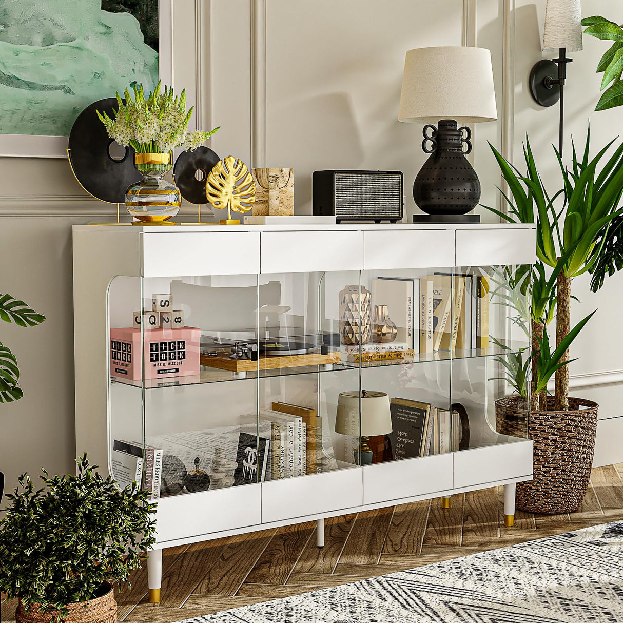 Homsee Storage Cabinet with 3-Color LED Lights, Glass Shelves & 4 Compartments, Sideboard Buffet Cabinet with Solid Legs, Modern Wood Display Cabinet for Living Room, Bedroom & Hallway, White Homsee