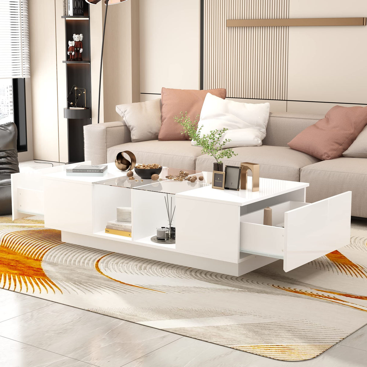 ECACAD Modern LED Coffee Table with Drawers & Open Compartments, Rectangle Coffee Center Table with Glass Top for Living Room, Bedroom, White (47.4" W x 23.6" D x 13.9" H) ECACAD