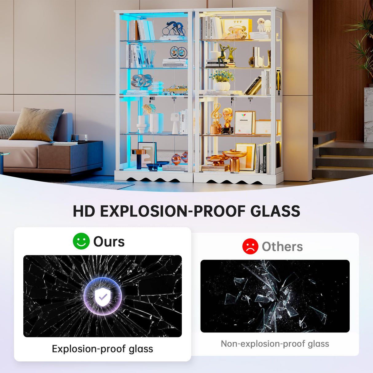 Dystler Glass Display Cabinet with RGB Light, 5-Tier Curio Cabinet for Collectibles, Display Case with Removable Shelves, Human Sensor Design, White Dystler