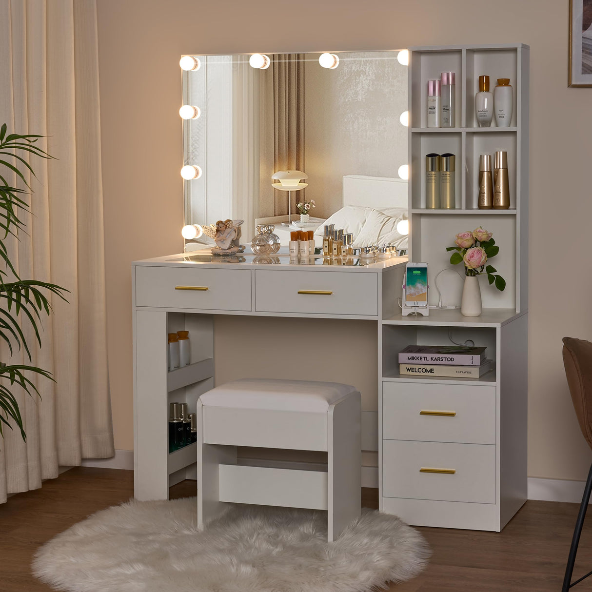 BEWISHOME White Vanity Desk with Mirror and Lights,Vanity with Glass Top,Makeup Vanity Set Makeup Desk Dressing Table,Vanity Table with Charging Station,Drawers,Nightstand,Makeup Table Vanity FST28W BEWISHOME