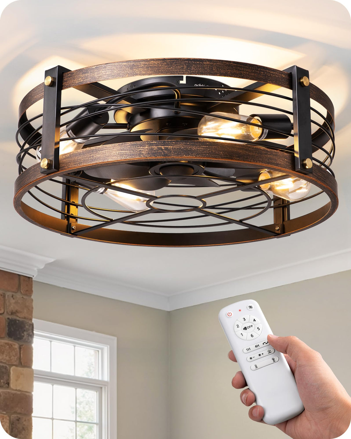 EDISHINE 21" Pre-Assembled Ceiling Fans with Lights Flush Mount, 10%-100% Dimmable, Rustic Low Profile Caged Ceiling Fan with Remote, Small Farmhouse Fan Light Ceiling for Kitchen Bedroom Brushed Gold EDISHINE