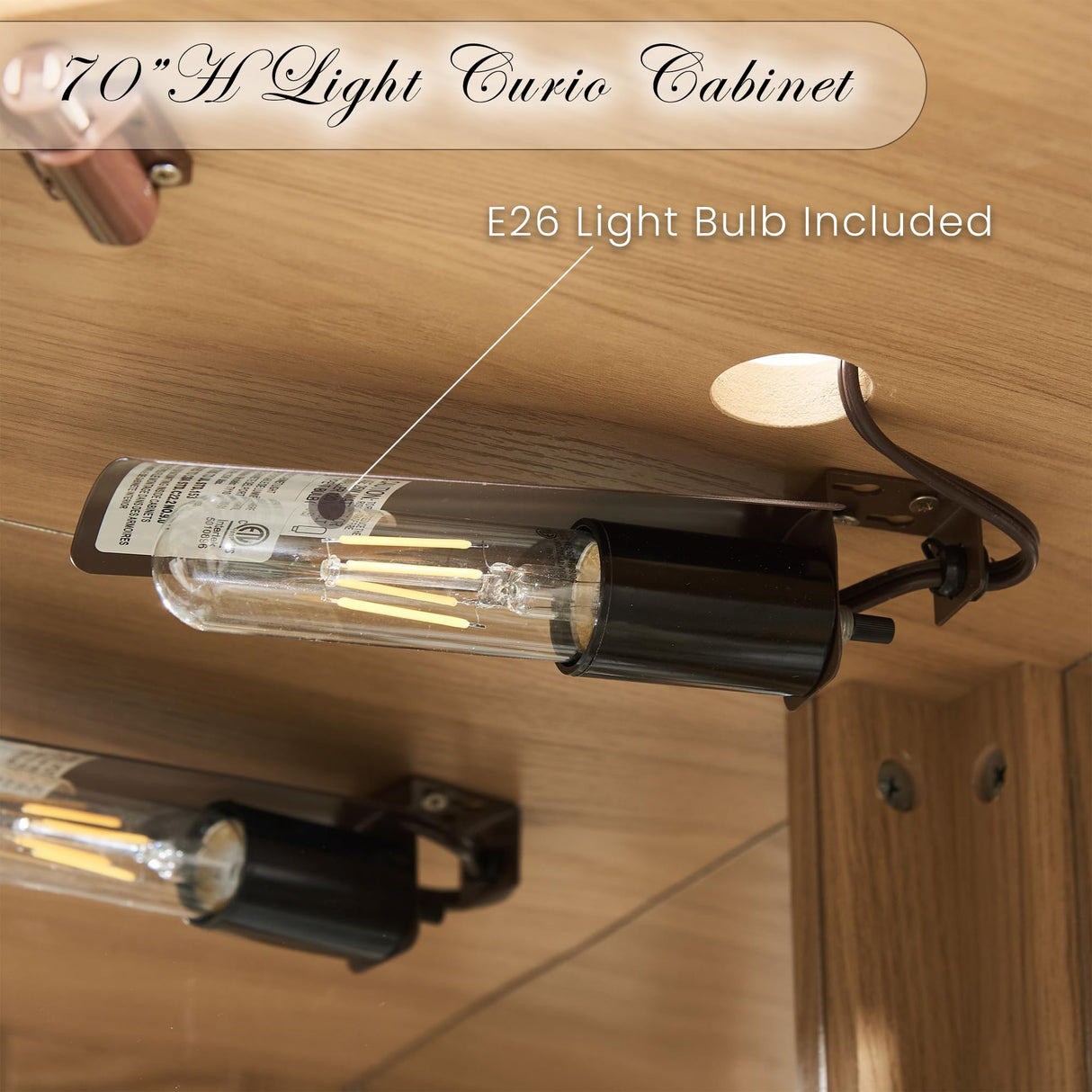 CKEASEAN Corner Curio Cabinet, 70" H Lighted Glass Display Cage with Tempered Glass Doors and Adjustable Shelves, Bulb Inclued, Wine Bar China Cabinet for Living Room Liquor Storage (Light Oak) CKEASEAN