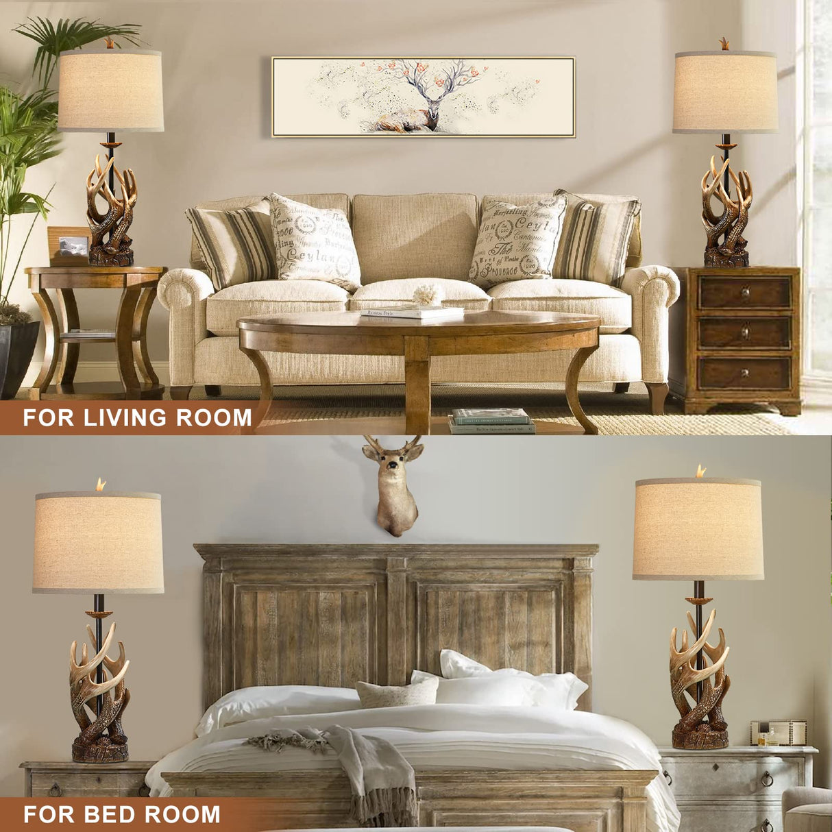 HUITICO Rustic Farmhouse Table Lamp for Living Room End Table Deer Antler Lamps with USB Ports 28" Tall Western Lamps for Bedroom Cabin Country Lamps for Nightstand, Single, Bulb Not Included HUITICO