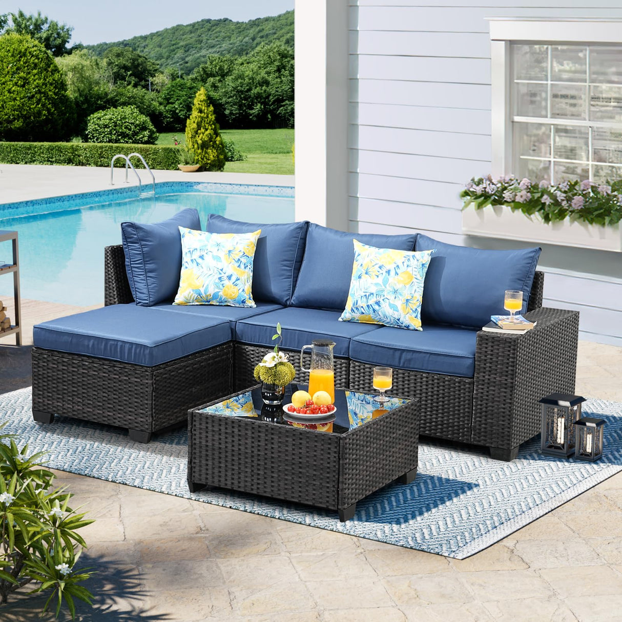 TerraRelax Patio Furniture Set 5 Pieces All Weather Patio Conversation Sets Wicker PE Rattan Outdoor Sectional Couch Sofa with Cushion Ottoman Table for Poolside Peacock, Garden, Backyard Navy TerraRelax