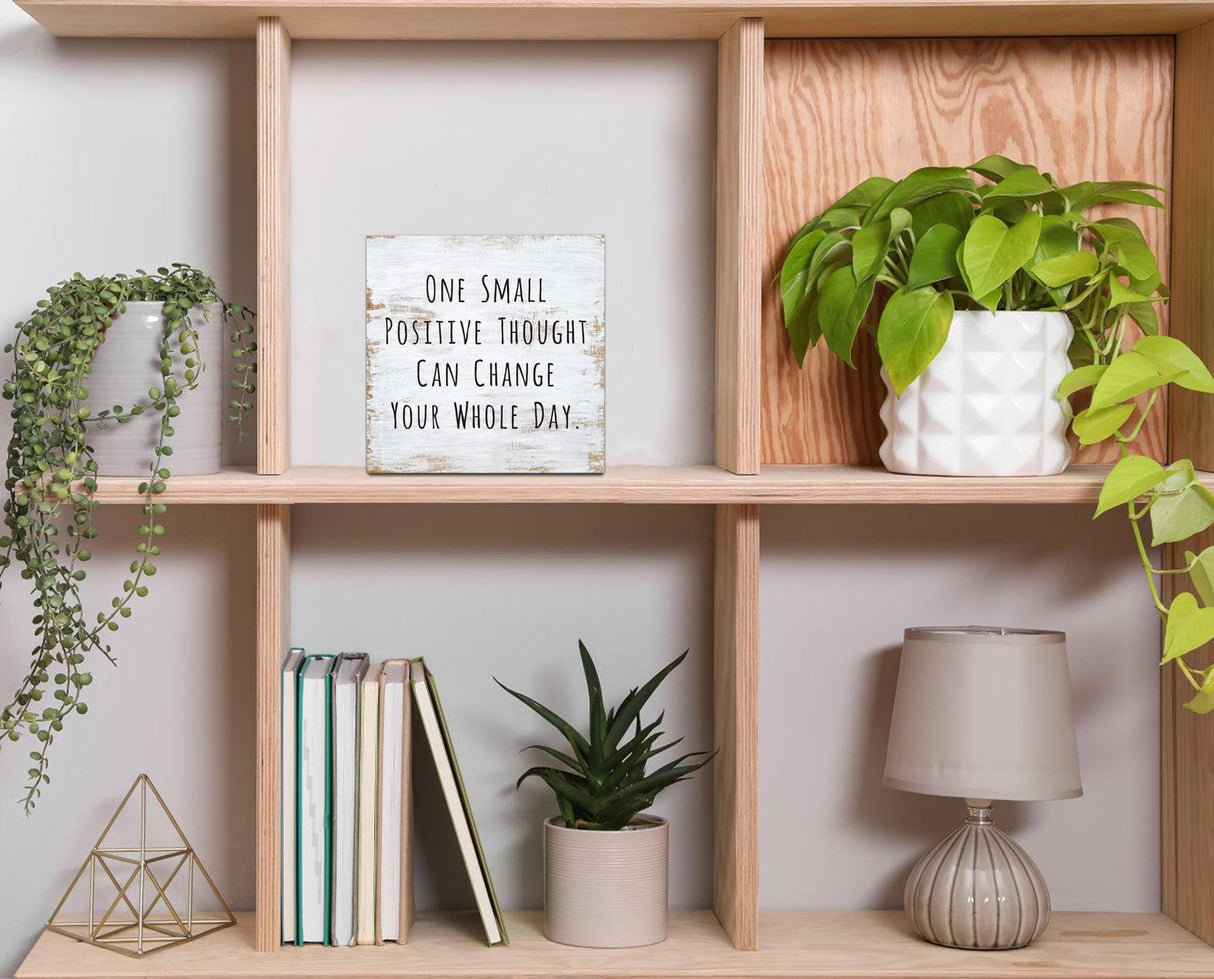 One Small Positive Thought Wooden Box Sign Decorative Funny Office Home Farmhouse Rusitc Wood Box Sign (5 X 5 Inch), Desk Shelf Tabletop Decor, Office Gift for Friend Coworker Employee(MQ-3-20) scodilo
