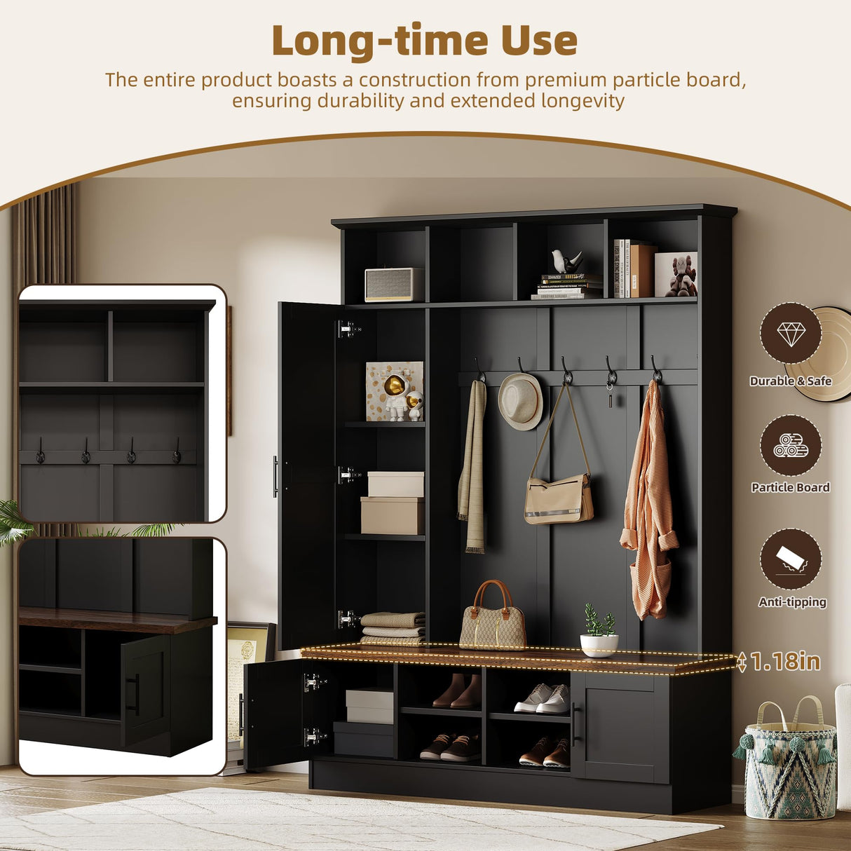 SIYSNKSI Versatile 3-in-1 Hall Tree with 6 Hooks, Farmhouse Walnut Storage Bench with Adjustable Shelves, 55" W Entryway Coat Rack with Multiple Storage Space for Mudroom, Living Room (Black-7) SIYSNKSI