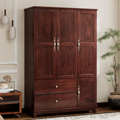 EITACHUL Solid Wood Brown Armoire Wardrobe Closet: 3 Door Solid Wood Wardrobe Cabinet with 2 Drawers, Armoire Closet with Hanging Rods Storing Clothes for Bedroom