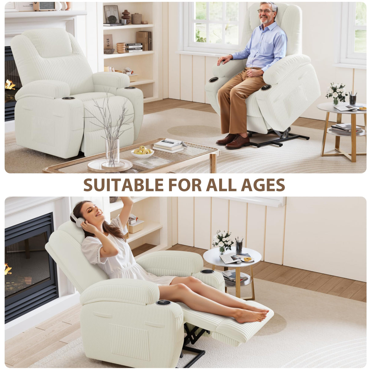 Flamaker Power Lift Chair Massage Recliner Chairs for Elderly - Ergonomic Design with Cup Holders & Side Pockets, Remote Control (White) Flamaker