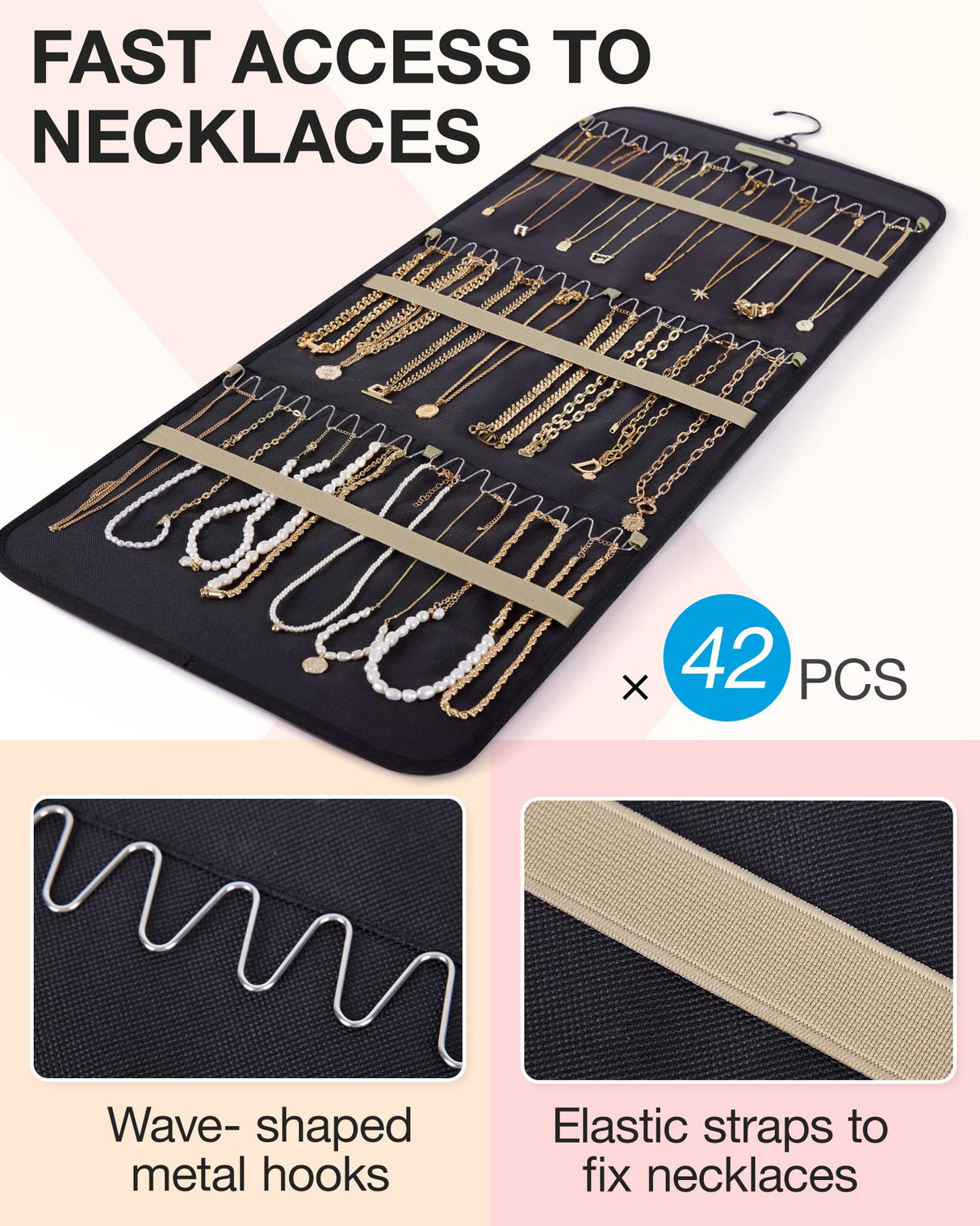 BAGSMART Hanging Jewelry Organizer Storage Roll with Hanger Metal Hooks Double-Sided Jewelry Holder for Earrings, Necklaces, Rings on Closet, Wall, Door, 1 piece, Large, Black BAGSMART