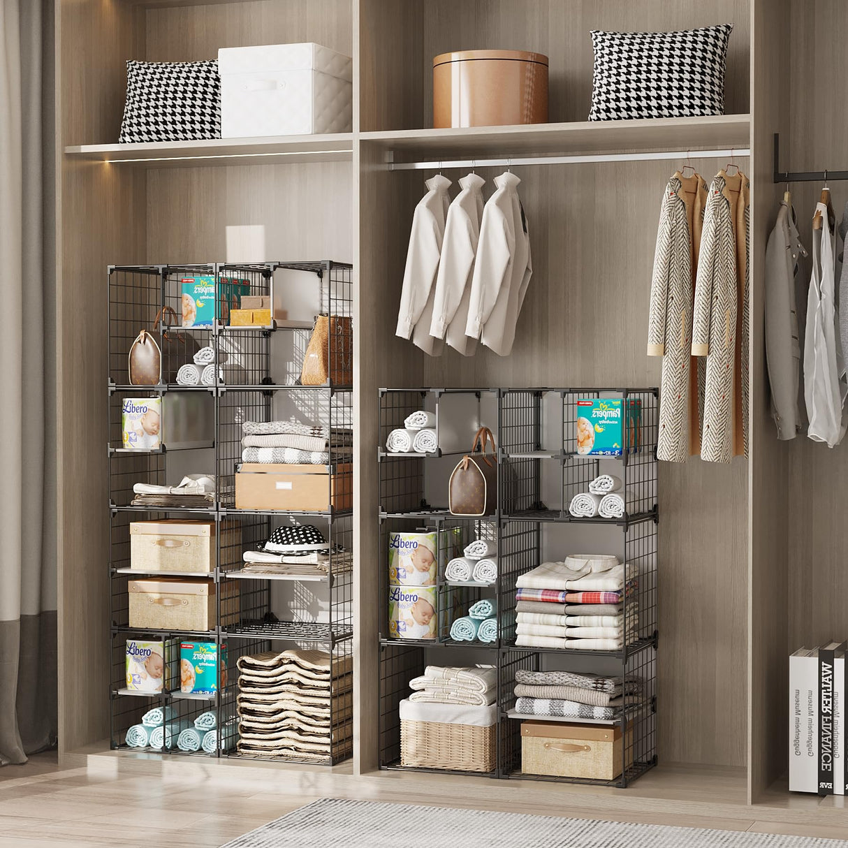 AWTATOS Wire Grid 8 Cube Closet Organizer - Stackable Storage Shelf, Metal Shelving Unit for Bedroom, Black AWTATOS