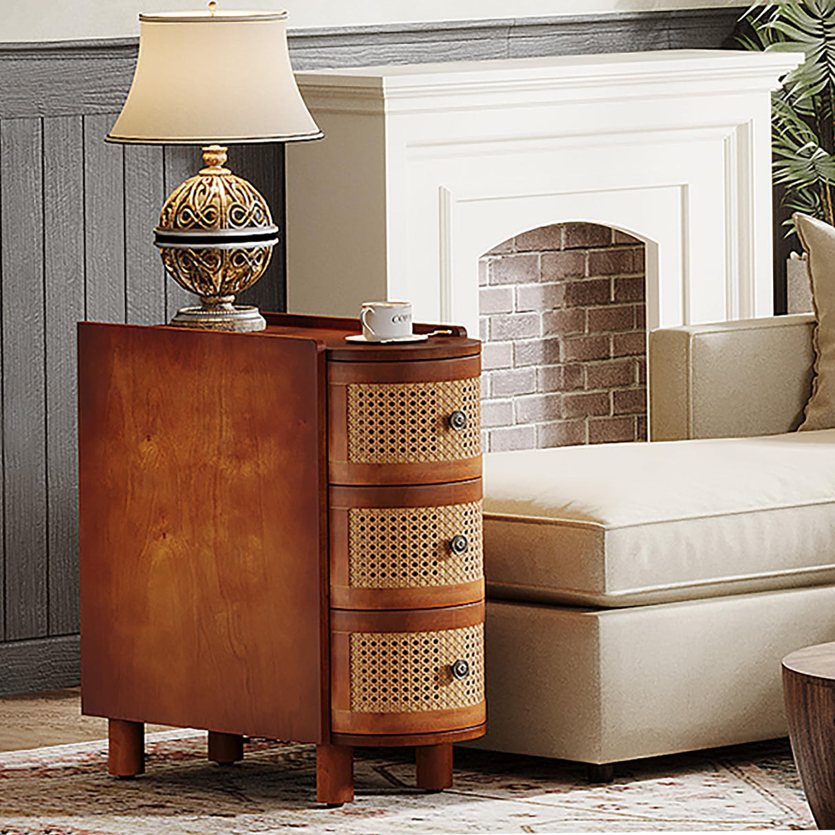 Tribesigns 3-Drawer Rattan End Table, Solid Wood Sofa Side Table with Vintage Embossed Handles, Slim Nightstand for Living Room, Bedroom, Finished Back, No Assembly (Walnut & Oak, 1 PC) Tribesigns