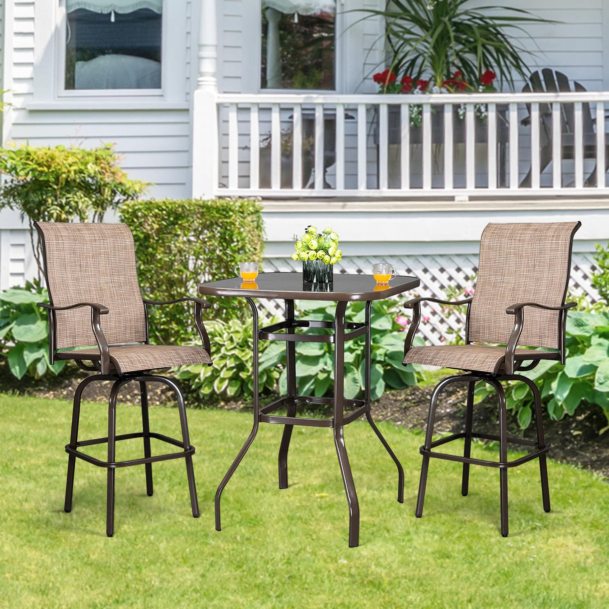 VINGLI 32" Indoor-Outdoor Bar Height Table, Square Tempered Glass Metal Table for Patio, Backyard, Poolside and Garden (Brown) VINGLI