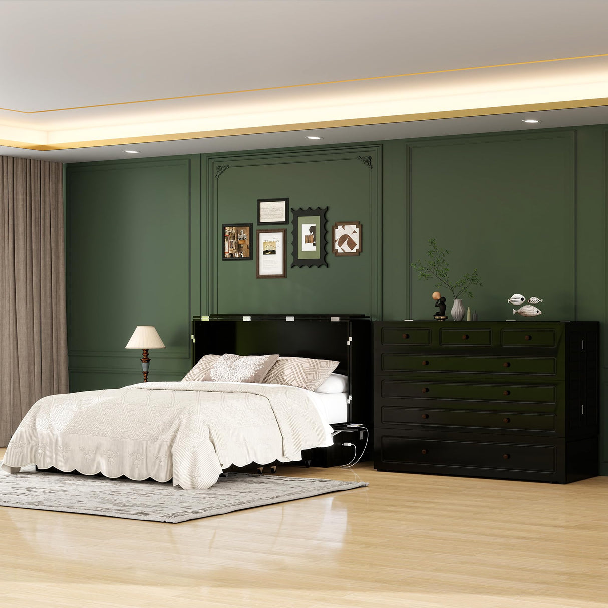 Keloyid Queen Murphy Bed Cabinet: Wood Murphy Cabinet Bed with USB Charging Station and Large Storage Drawer for Home Office or Small Room (Mattress No Included) Black-13 Keloyid