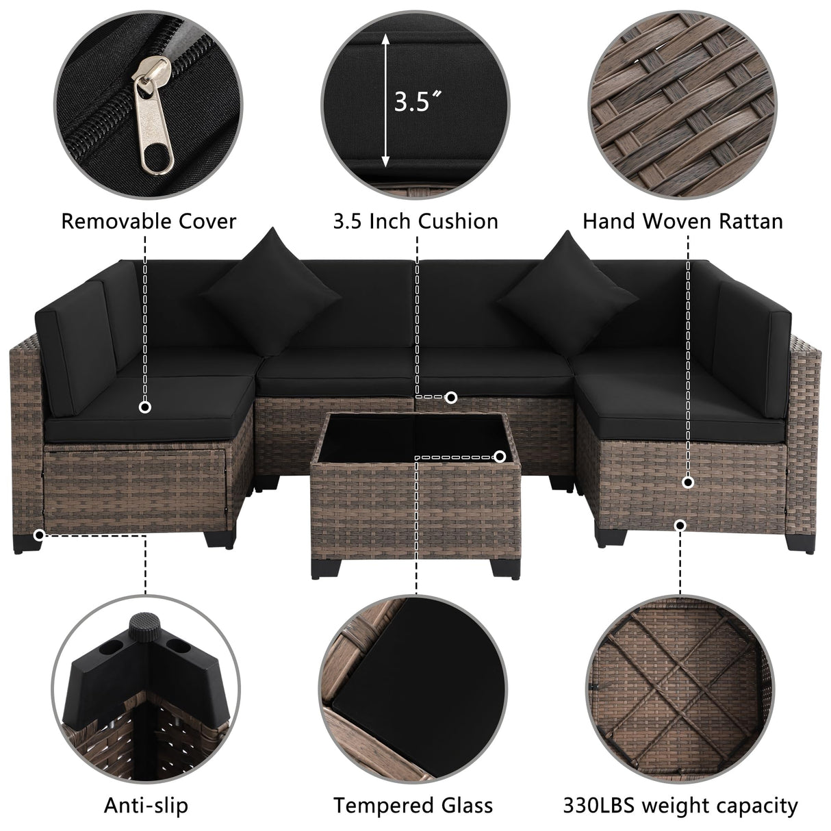 KIGOTY 7 Pieces Modular Outdoor Sectional Sofa, Wicker Patio Conversation Set, All-Weather PE Rattan Sectional Sofa with Cushions and Glass Coffee Table (Black Cushions, Brown Rattan) KIGOTY