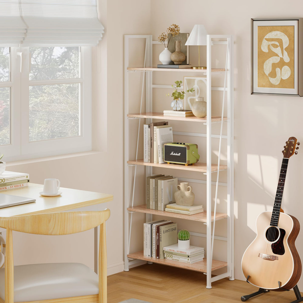 BHG Vintage Multifunctional Folding Bookshelf, No-Assembly Plant Stand Storage Rack Shelves for Home Office (White, 5-Tier) BHG