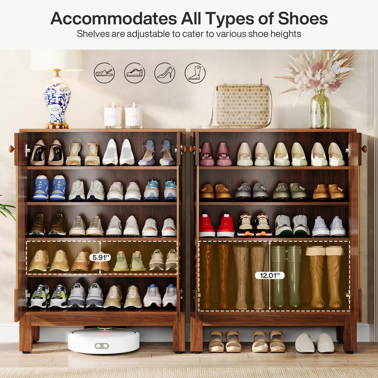 Tribesigns 5-Tier Shoe Cabinet with Round Louvered Doors, 20 Pairs Farmhouse Shoe Storage Cabinet with Adjustable Shelves, Freestanding Shoe Rack Organizer for Entryway, Hallway, Living Room, Brown Tribesigns