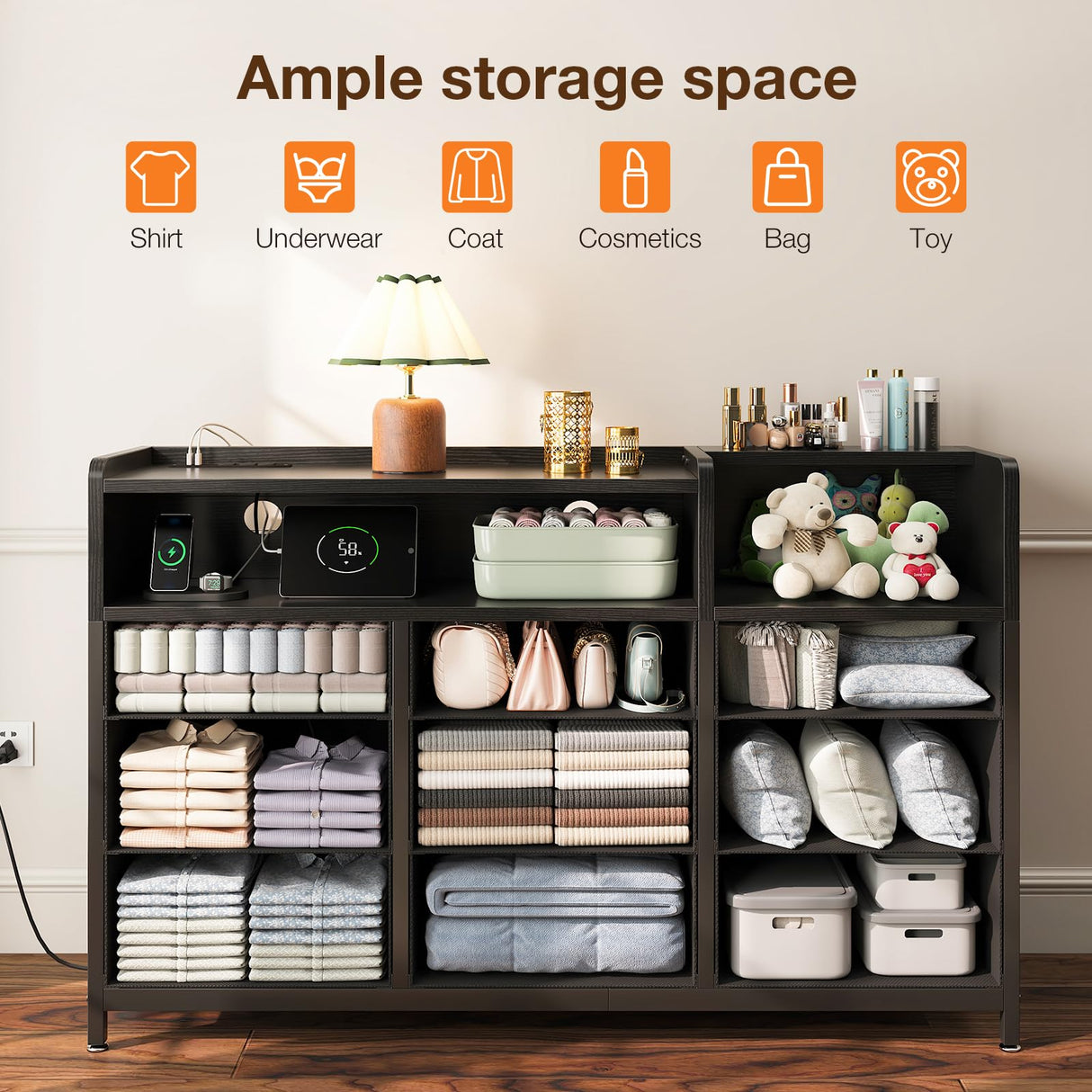 Casaottima Dresser for Bedroom with LED Lights, 9 Drawer Bedroom Dresser with Charging Station, Fabric Dressers & Chest of Drawers with Shelves for Closet, Sturdy Steel Frame Wooden Top, Black Casaottima