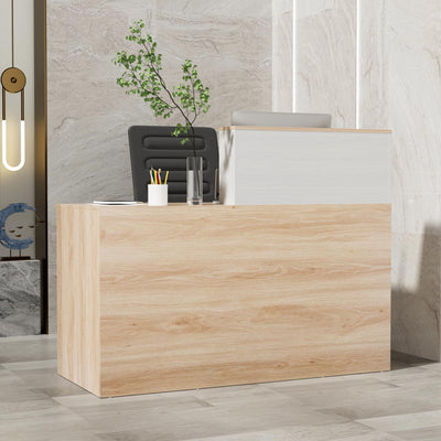 TUSY Modern Reception Desk with Storage Drawers, 55.1" Office Counter with Power Outlets, Contrast Color Secretary Table, Front Desks for Salon, Lobby – White (55.1" W x 23.6" D x 43.3" H)