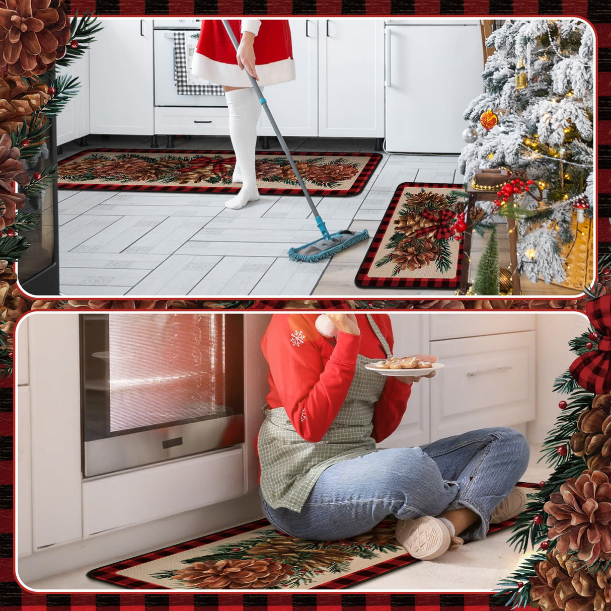 Drydiet 3 Pcs Christmas Kitchen Rugs Non Slip Winter Floor Mat for Kitchen Floor Hallway Laundry Sink and Bathroom, 20"x32" 20"x47", 20"x59"(Pinecone) Drydiet
