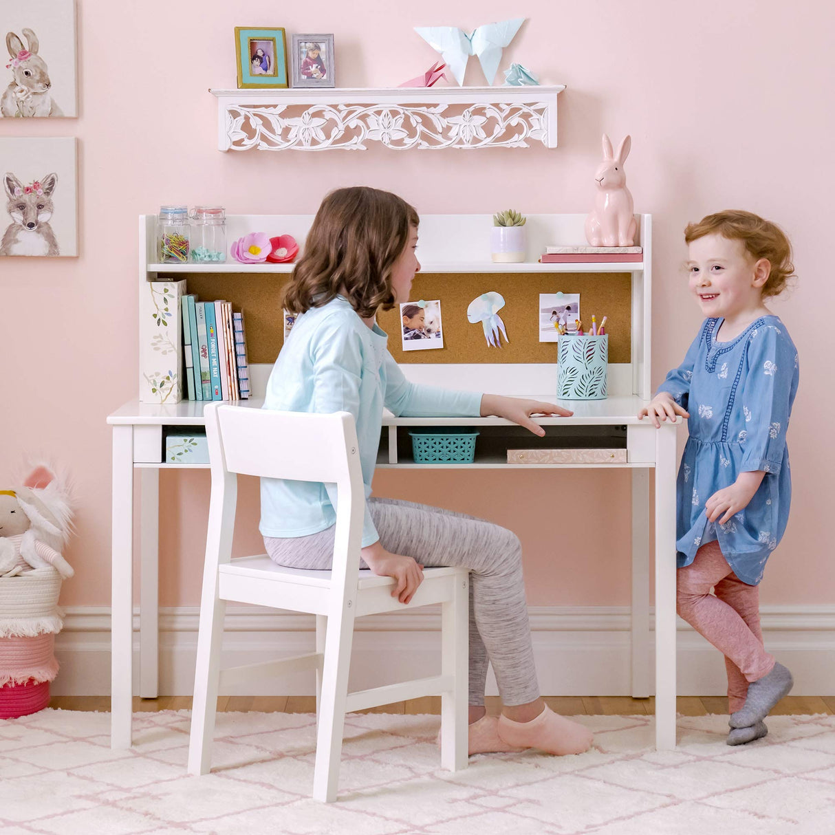 Martha Stewart Kids' Desk with Hutch and Chair by Guidecraft - Creamy White: Kids Wooden Study Table with Storage and Corkboard | Kids' Bedroom Furniture Set, Desk and Chair Set Ages 5-12 Martha Stewart