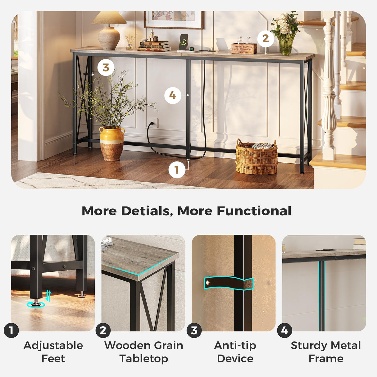 SUPERJARE 70 Inch Console Table with 2 Outlets, 1 Type-C and 1 USB Port, Extra Long Entryway Table with Metal Frame and X-Shaped Bars, Narrow Sofa Table for Living Room, Hallway, Grey Oak SUPERJARE