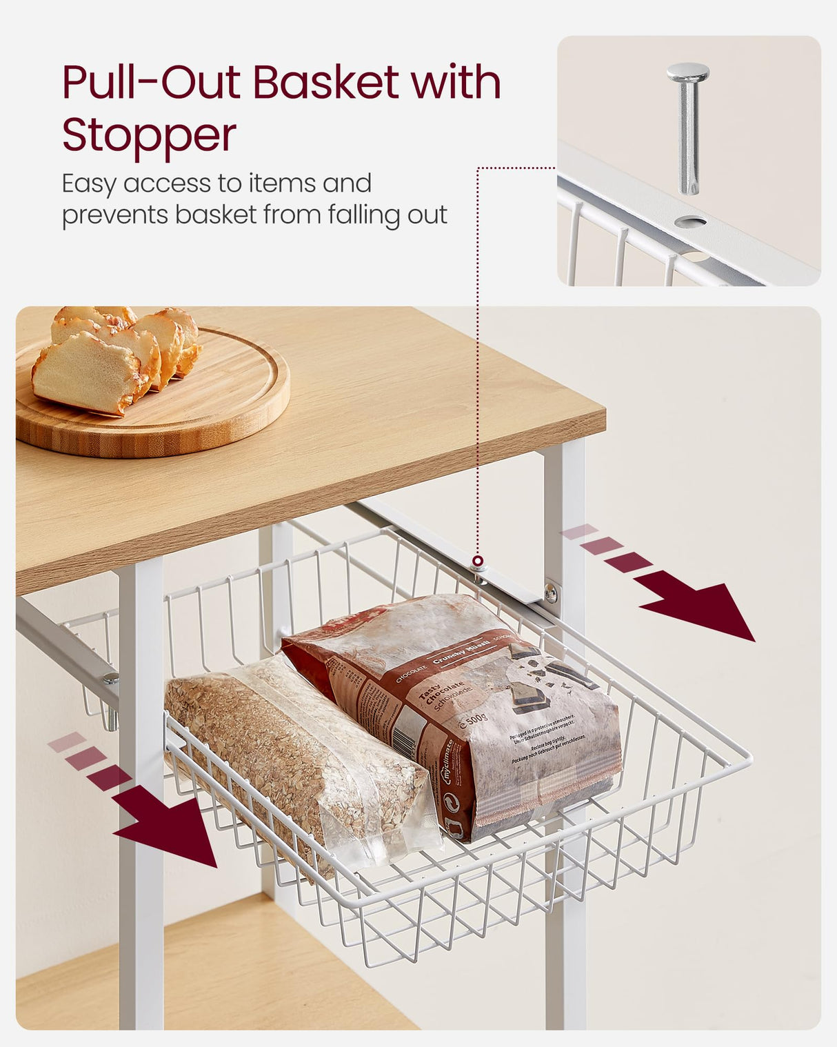 VASAGLE Baker's Rack, Microwave Stand, Kitchen Storage Rack with Wire Basket, 6 Hooks, and Shelves, for Spices, Pots, and Pans, Golden Oak and Cloud White UKKS035W09 VASAGLE