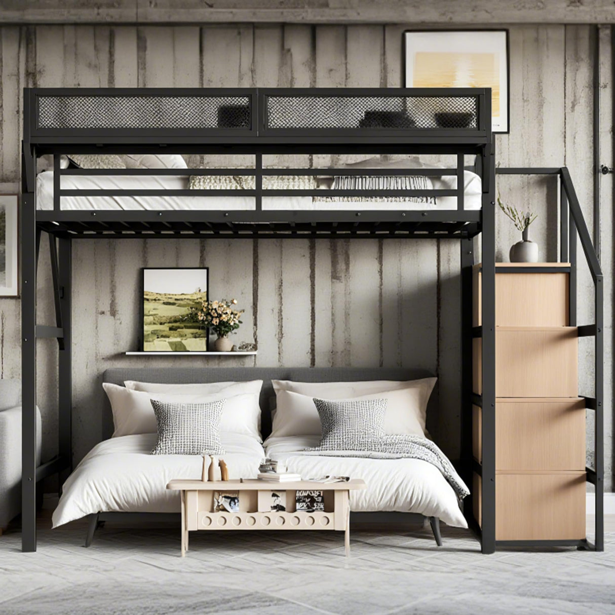 Bellemave Loft Bed Full Size with Storage Stairs, Beside Shelf & Wardrobe, Metal Full Size Loft Bed with USB Ports & LED Light, Large Under-Bed Space Loft Beds for Adults, Teens, Kids, Black Natural Bellemave