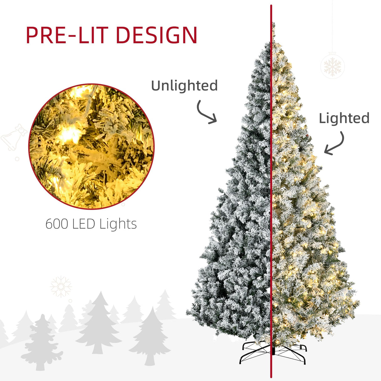 HOMCOM 9ft Tall Prelit Artificial Christmas Tree Holiday Décor with 1868 Snow Flocked Branches, 600 Warm White LED Lights, Auto Open, Green HOMCOM