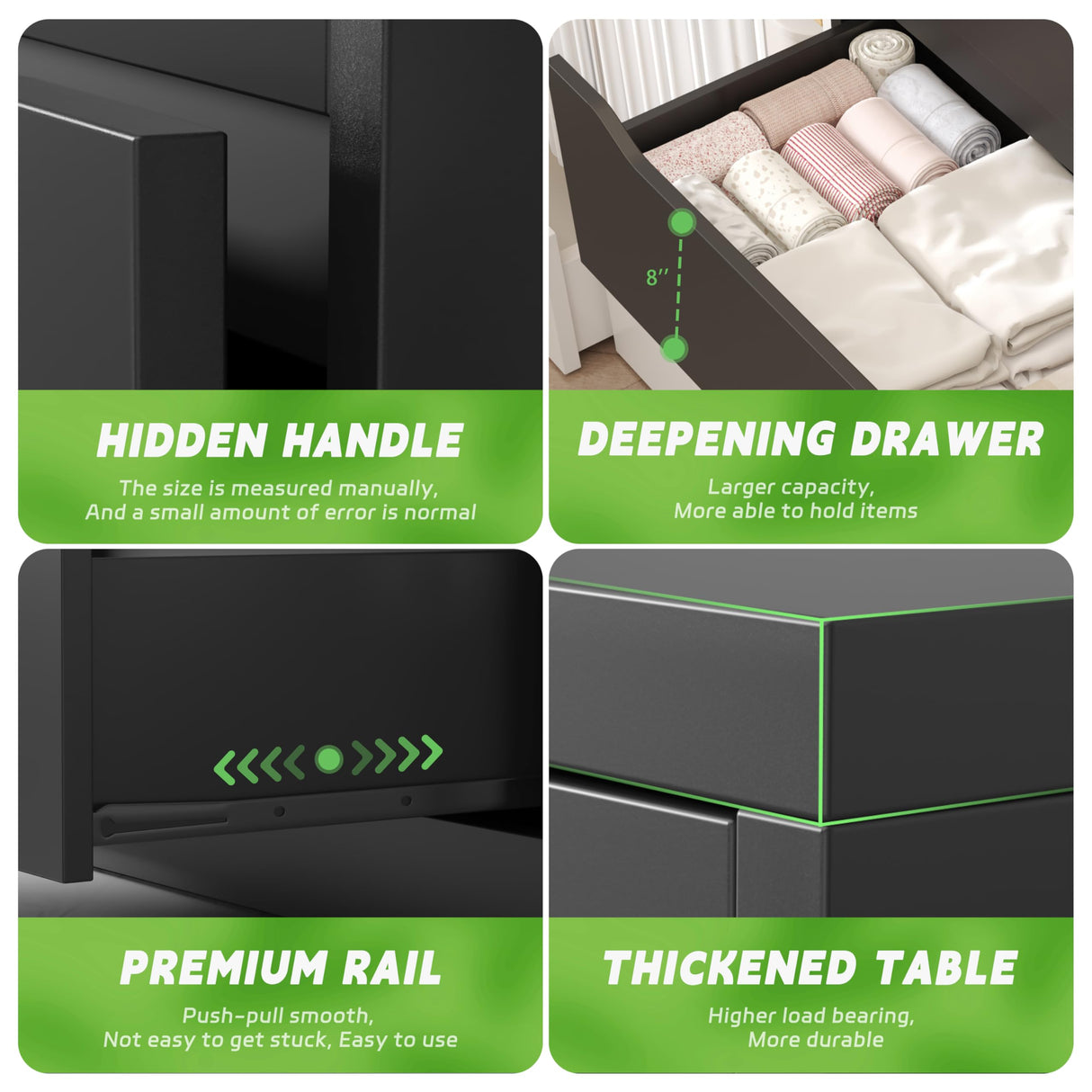 Greenvelly Black Dresser,Tall 6-Drawer Dresser for Bedroom, Wood Dresser with 6 Large Drawers, Wooden Dressers & Chests of Drawers, Black dresser with Smooth Metal Rail for Nursery, Women, Family Greenvelly