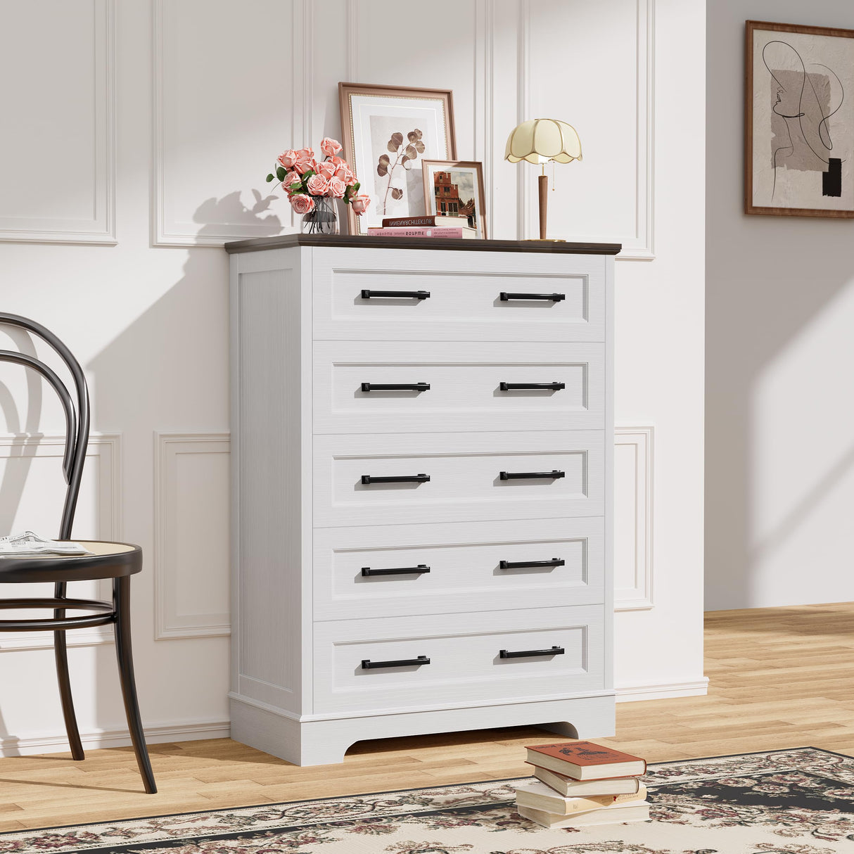 YESHOMY Tall Dresser for Bedroom,Farmhouse 5 Drawers Dresser, Chest of Drawer Chest, Multi-Tier Clothing Storage Cabinet, White and Brown