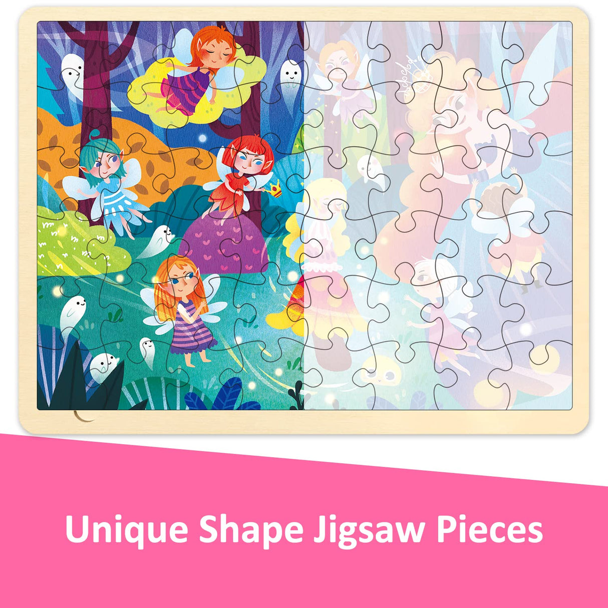MoinKidz Wooden 48-Piece Jigsaw Puzzle for Kids Ages 3-5, Fairy Night, Includes Tray, Develops Hand-Eye Coordination & Problem-Solving Skills MoinKidz