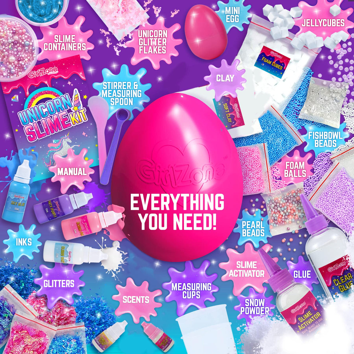 GirlZone Sparkly Unicorn Egg Surprise Slime Kit for Girls, Sensory Toys for Kids, Create Cloud Slime & Magical Unicorn Slime, Ideal Arts and Crafts Easter Gift for Kids Aged 7-12 Years Old GirlZone