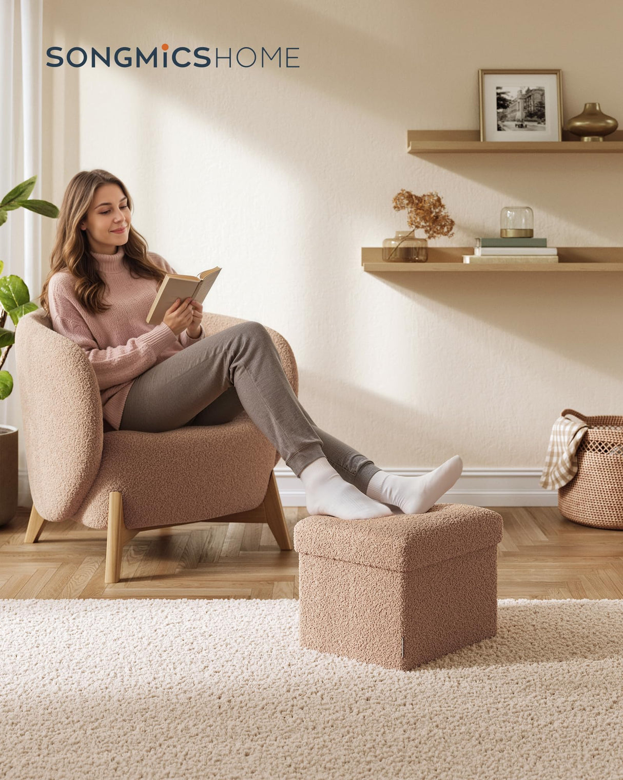 SONGMICS HOME Small Folding Storage Ottoman, Foot Rest Stool, 12.2 x 16.1 x 12.2 Inches, Ottoman with Storage, Load up to 286 lb, for Living Room, Bedroom, Dorm, Camel Brown ULSF094K01 SONGMICS HOME