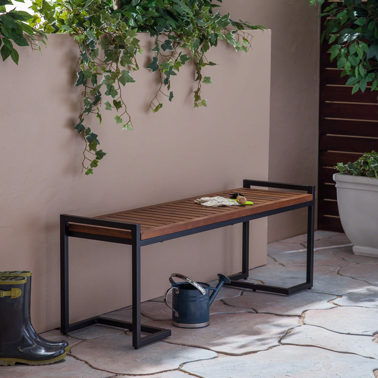 Christopher Knight Home Noel Outdoor Industrial Acacia Wood and Iron Bench, Teak Finish/Black Metal Christopher Knight Home