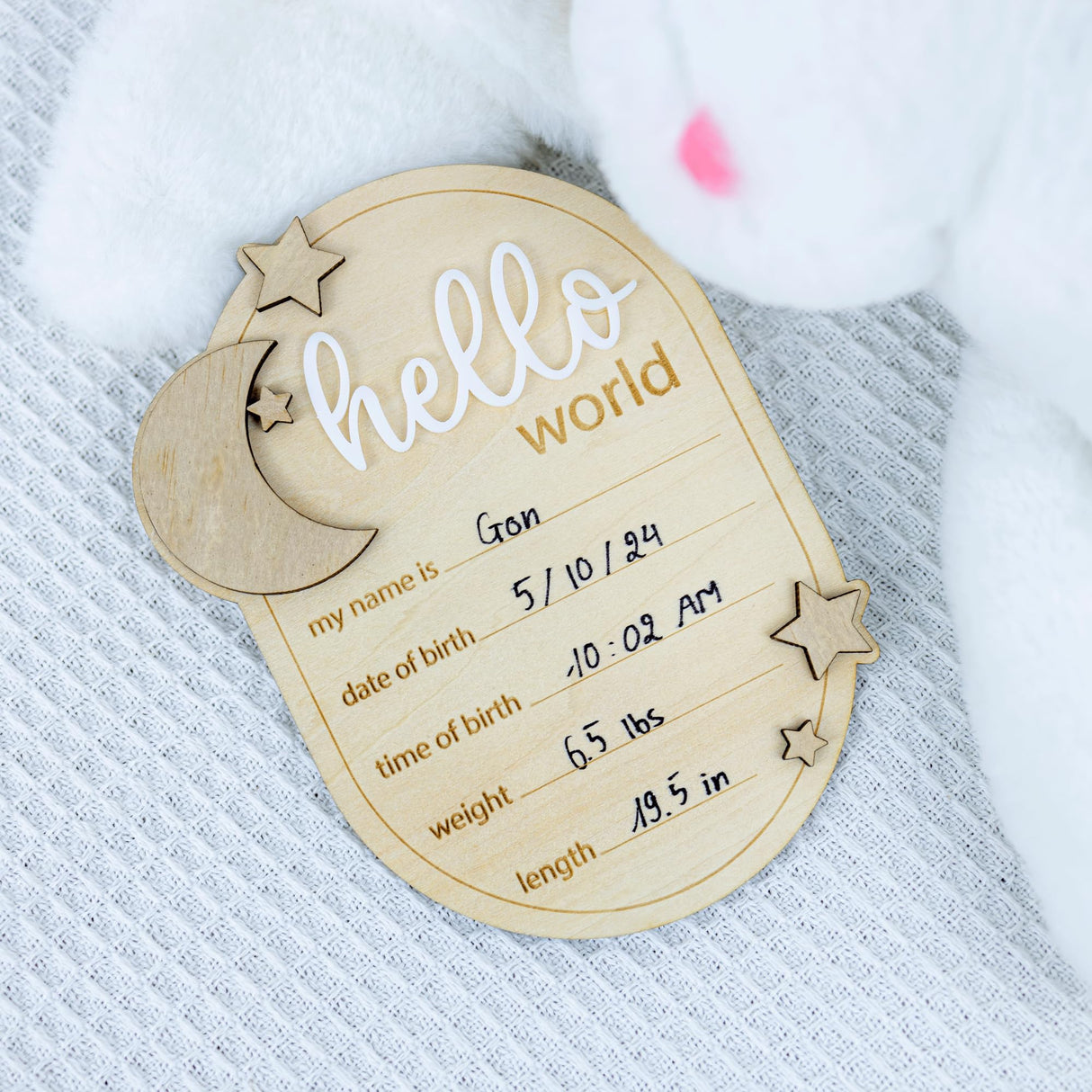 Baby Announcement Sign Star, 6.5 Inch Wooden Hello World Newborn Welcome Sign Birth Baby Name Plaques for Photo Props Baby Shower Hospital Nursery (A62) ONNIBE