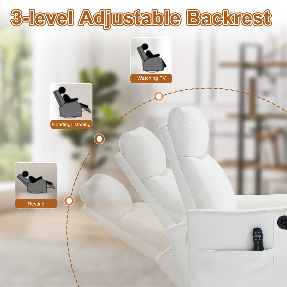 Manual Swivel Rocker Recliner Chair for Adults, Overstuffed Glider Chair for Nursery with Massage and Heat, Living Room Reclining Chair, Faux Leather White Luxlen