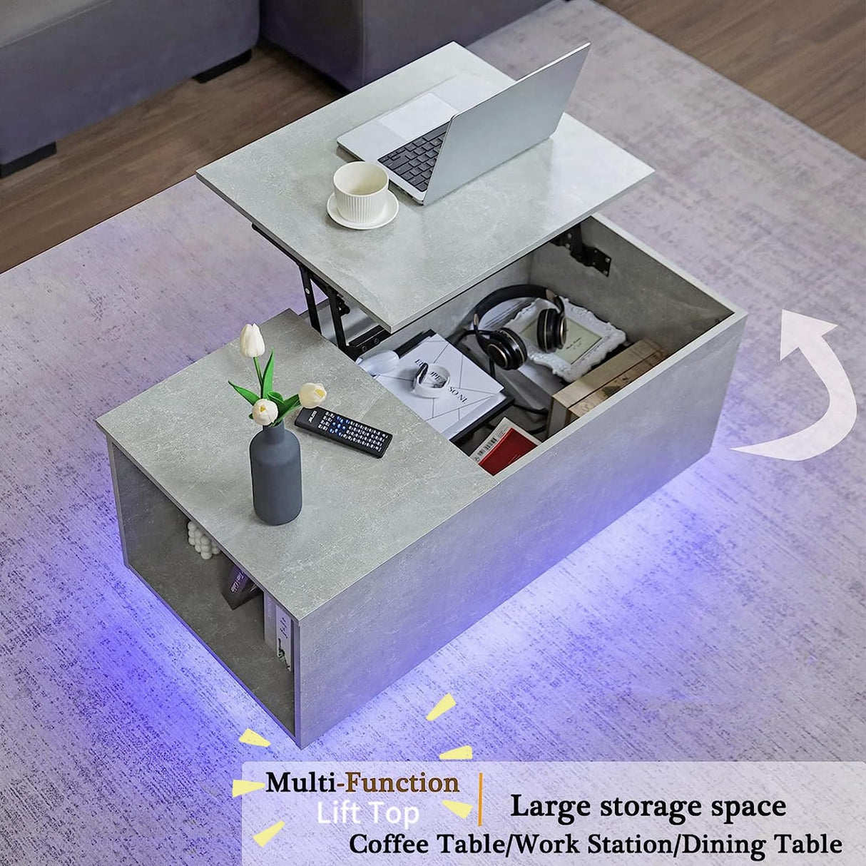 HOMMPA Lift Top Coffee Table with Charging Station Grey Led Coffee Table with Storage Hidden Compartment Modern Coffee Table with Lift Top Center Table with 16 Color LED Light for Living Room 17.7" H HOMMPA
