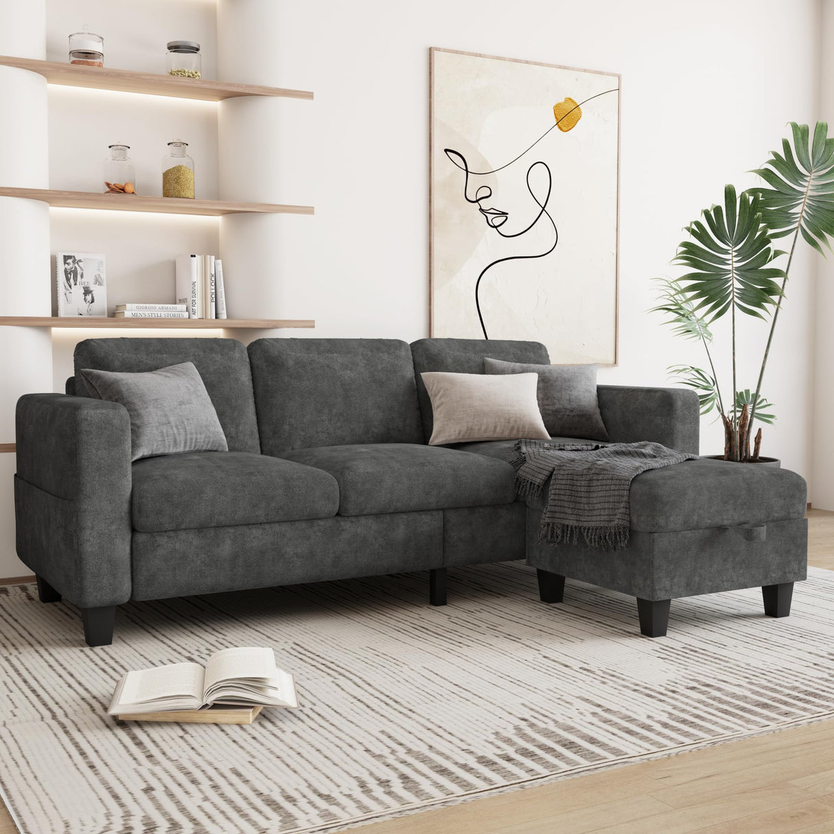 Couch for Living Room - Small Space Couches Sectional L-Shaped Sofa, 3 Seat Modern Couch, Sofas Convertible with Storage Ottoman for Small Space, Bedroom, Offices and Apartments - Grey Grzyhem