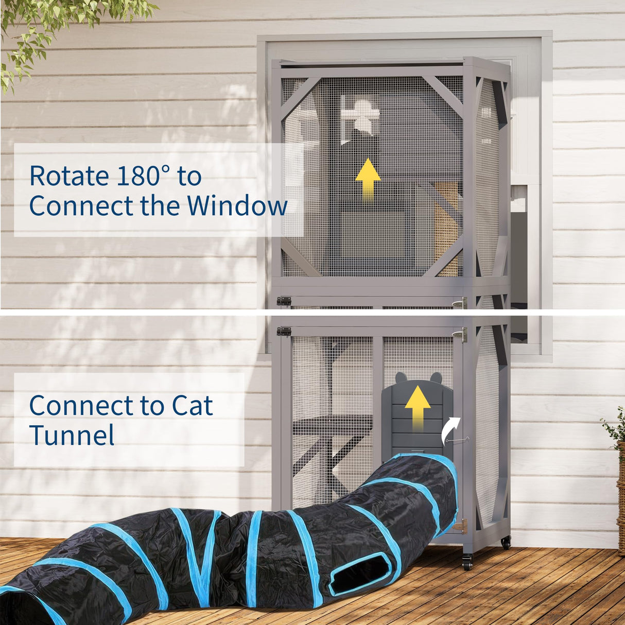 4 Tier Wood Catio Outdoor Window Cat Enclosure, Cat House On Wheels with Scratch Post, Resting Box, 4 Platforms, 2 Sliding Doors & Weatherproof Roof, Cats Kitty Condo Cage Shelter Playpen CuisinSmart