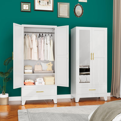 erosoei 71" H Metal Armoire Wardrobe Closet with Mirror,Household Steel Wardrobe Cabinet with Drawers,Clothing Storage Wardrobe Cabinet with Adjustable Shelves and Hanging Rod for Bedroom(White)