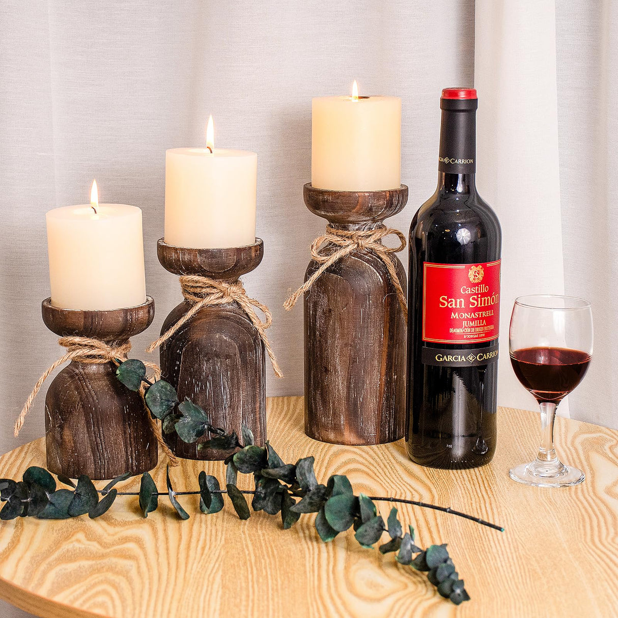 Farmhouse Wooden Candle Holders for Pillar Candles, Brown Distressed Set of 3 Rustic Wood Pillar Wood Candle Stands with Hemp Rope Bow Table Centerpiece Decor for Fireplace, Living, and Dining Room OKSQW