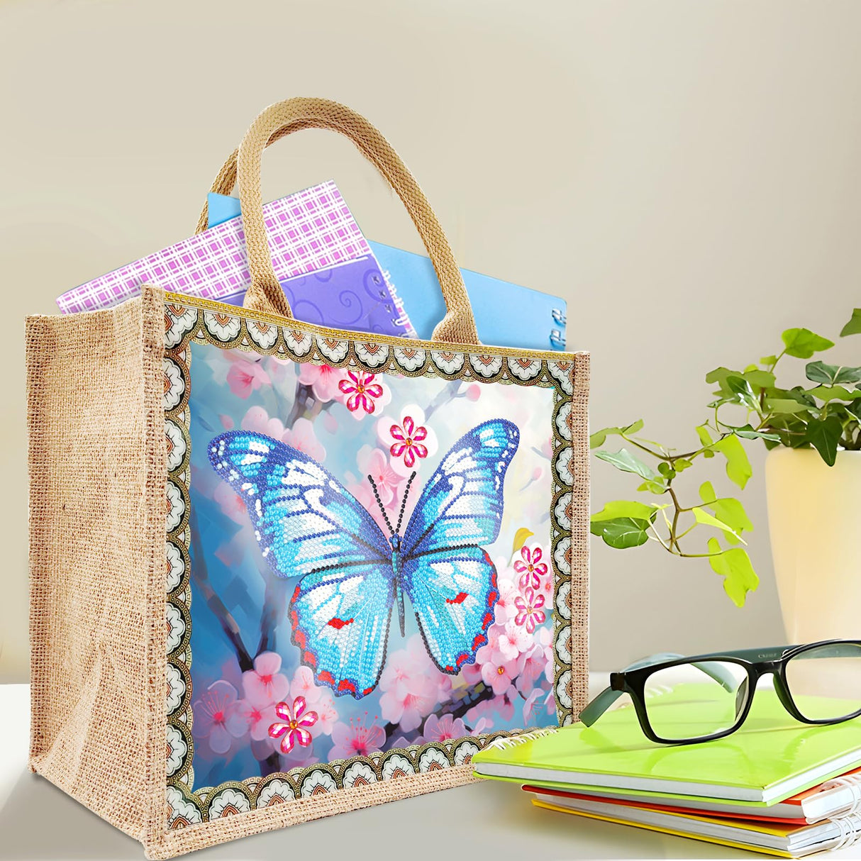 JBTM24 DIY Diamond Art Tote Bag Kit for Adults, Diamond Art Handbag Kits with 2 Pcs Replaceable Linen Pattern, Diamond Painting Creative Handbag for Women Girl Art Craft Gift JBTM24