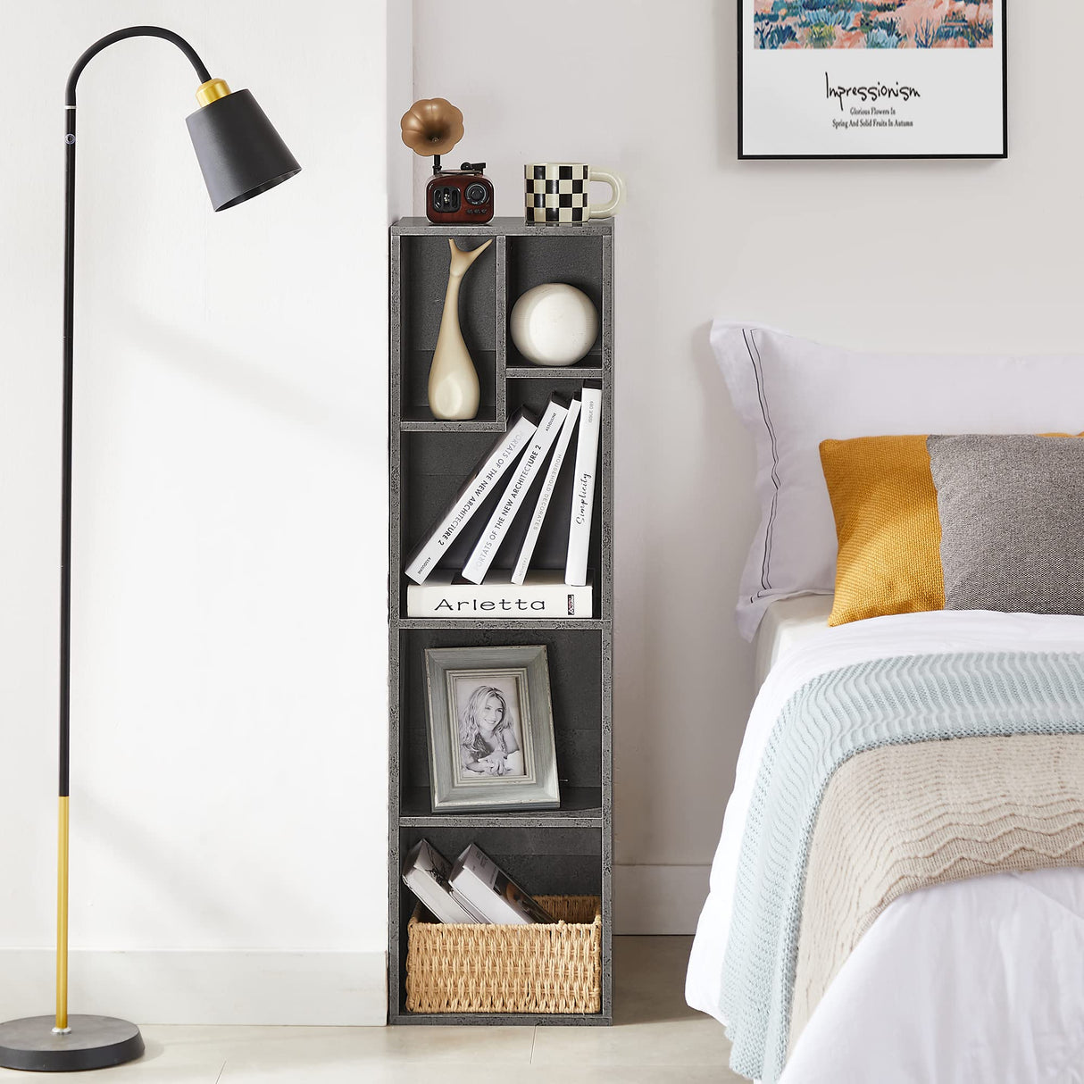 VECELO Small Bookshelf, 5 Cube Slim Bookcase, Fits Tallest Hardcovers, Horizontal Available, Modern Floor Standing Unit, Each Shelf Hold Up to 66 LBS,Modern Gray VECELO