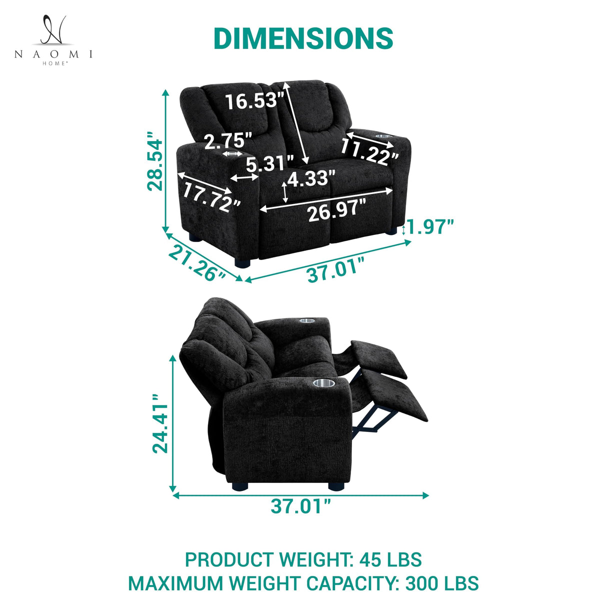 Naomi Home Suri Kids Recliner Loveseat with Cup Holders & Footrests, Black Chenille - Cozy 2-Seater Lounge for Children Naomi Home