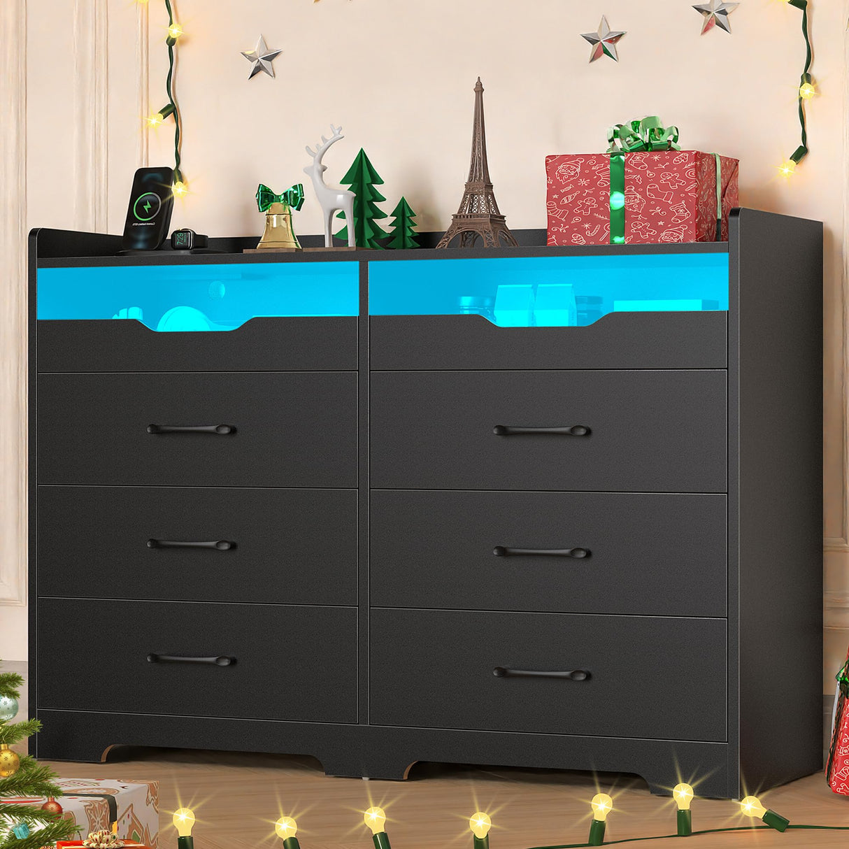 OTUTUMUS 6 Drawer Dresser for Bedroom with Charging Station & LED Light, 47.2" Black 6 Drawer Dresser with 2 Pull-Out Tray, Wood Dresser Organizer for Living Room/Closet/Hallway OTUTUMUS