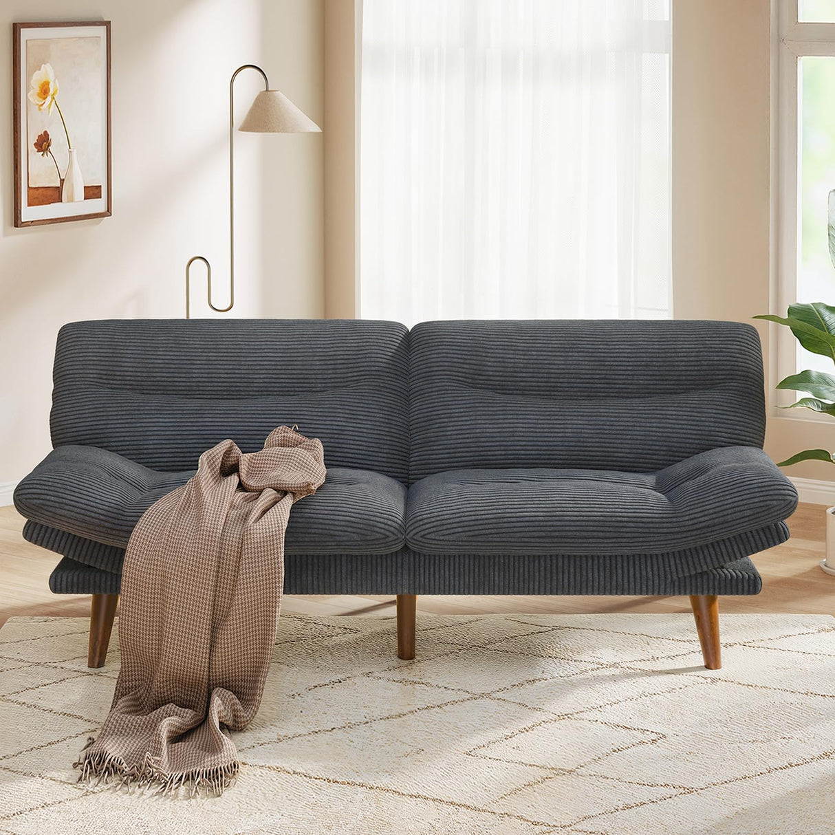 PERLECARE Convertible Futon Sofa Bed, Corduroy Futon Couch with Adjustable Backrest and Armrests, 3-in-1Recliner Sleeper Sofa for Small Spaces, Play Room or Office(Grey,66 in) PERLECARE