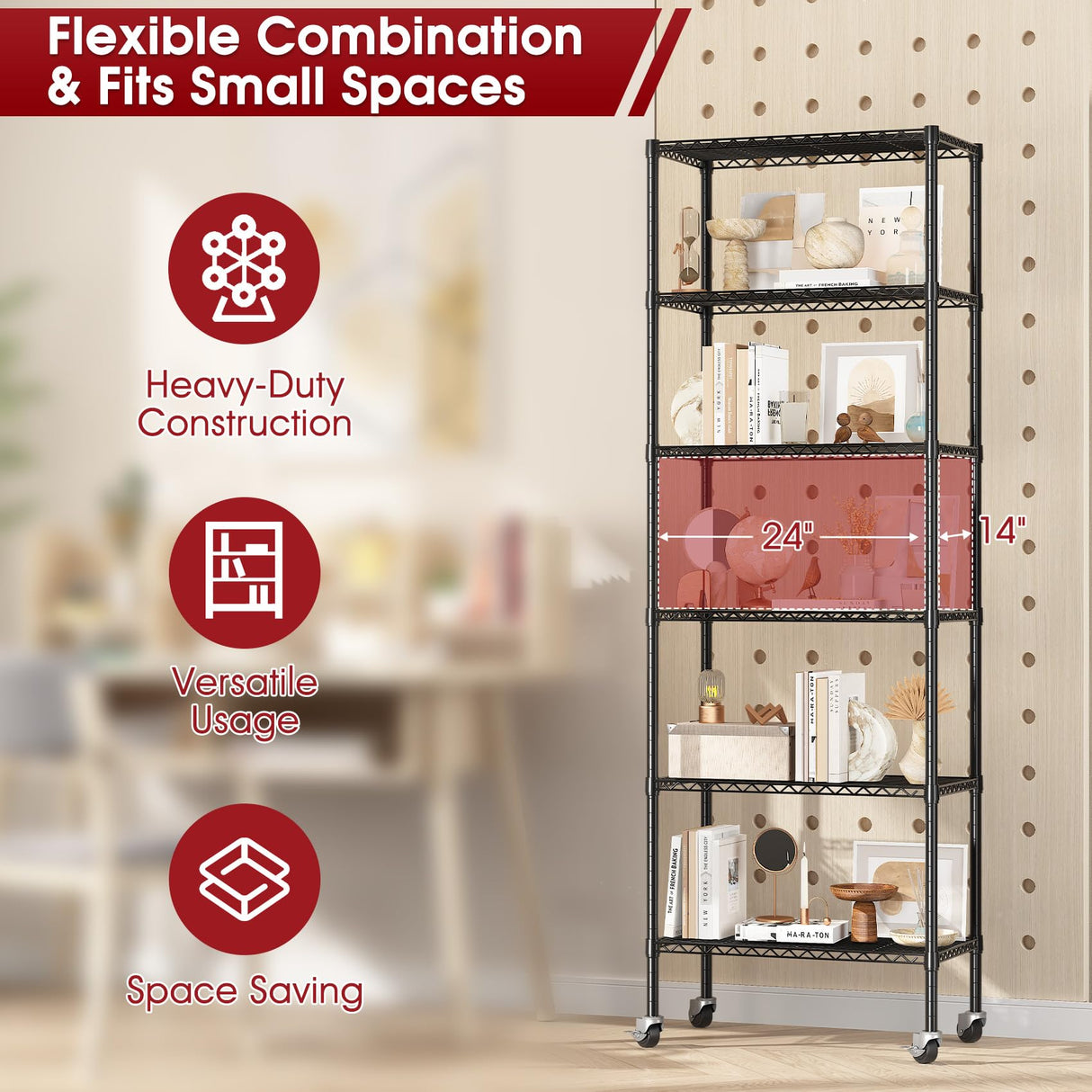 Homtura 6-Tier Rolling Storage Shelves, 14" D x 24" W x 71" H Adjustable Space-Saving Wire Rack Shelving, 750 lbs Capacity Heavy Duty Metal Shelving with Wheels for Garage, Closet, Kitchen Homtura